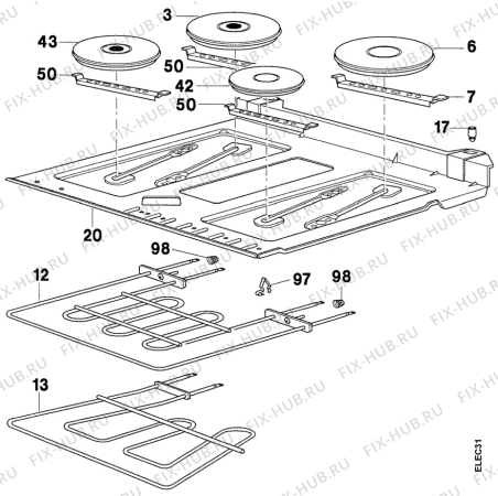 Взрыв-схема плиты (духовки) Electrolux EK6343/1 - Схема узла Oven and Top functional parts